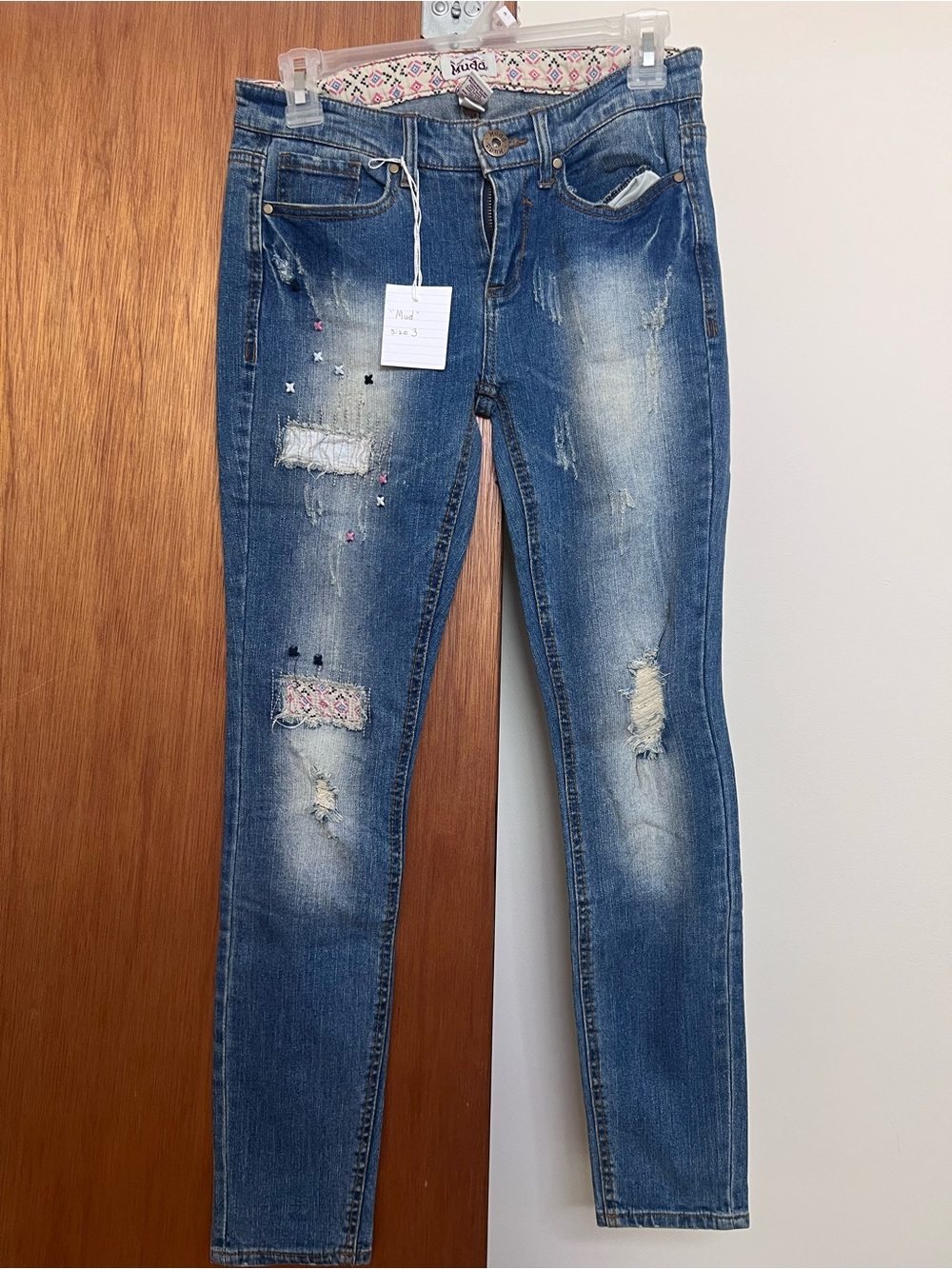 Mudd Blue Skinny Jeans with Distressed & Embroidered Accents